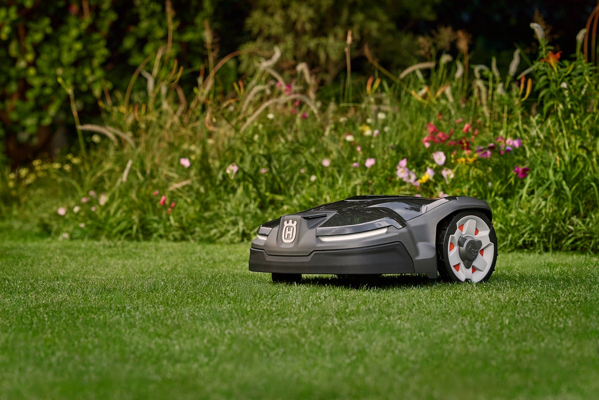 Ein Mähroboter von Husqvarna auf Rasen